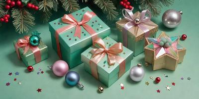 The primary subject of the image is a collection of wrapped presents, which are placed on a green surface. The presents are of various sizes and colors, creating a festive and joyful atmosphere. The setting appears to be a holiday celebration, with the presents being the main focus of the scene. The visual style of the image is a combination of photo and digital art, giving it a realistic yet artistic appearance. The colors and mood of the image are predominantly green and festive, reflecting the holiday season and